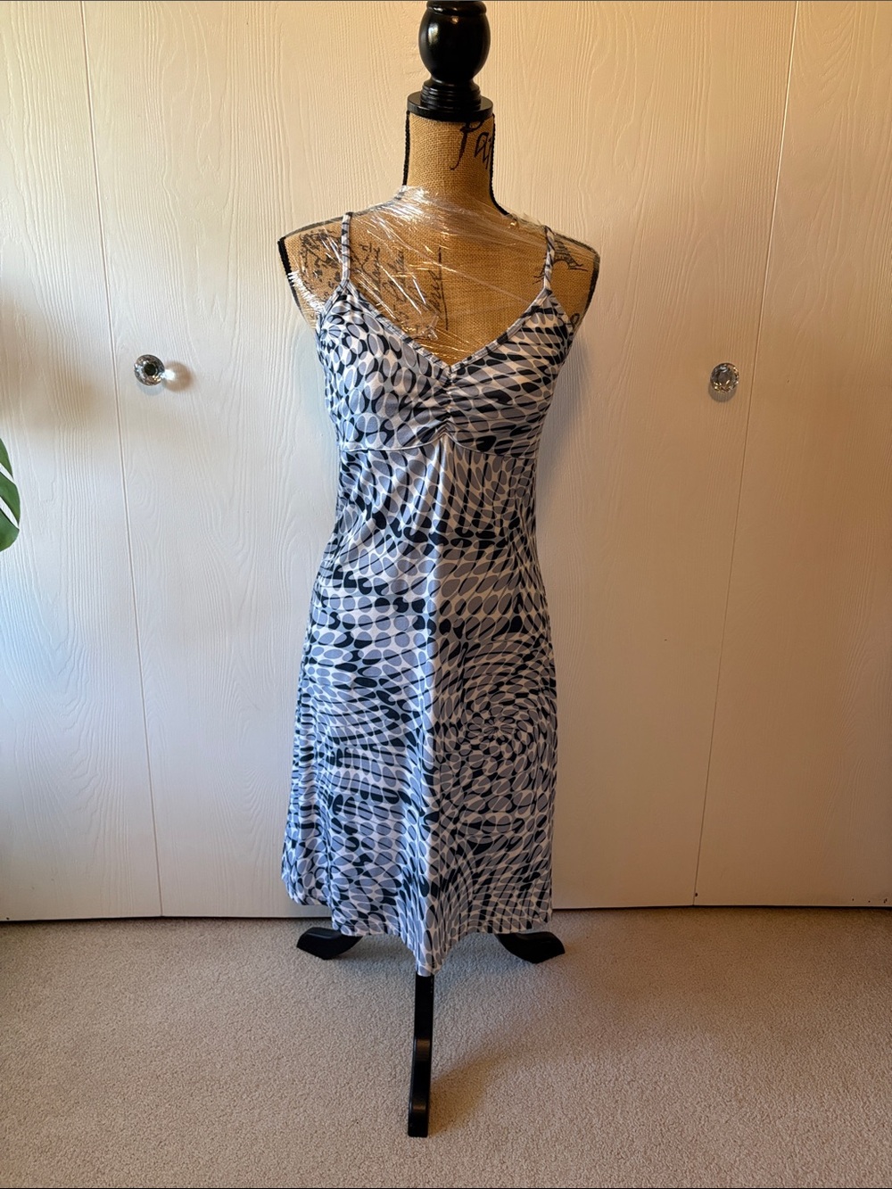 Prana Spaghetti Strap Blue Patterned V-Neck Slip Dress